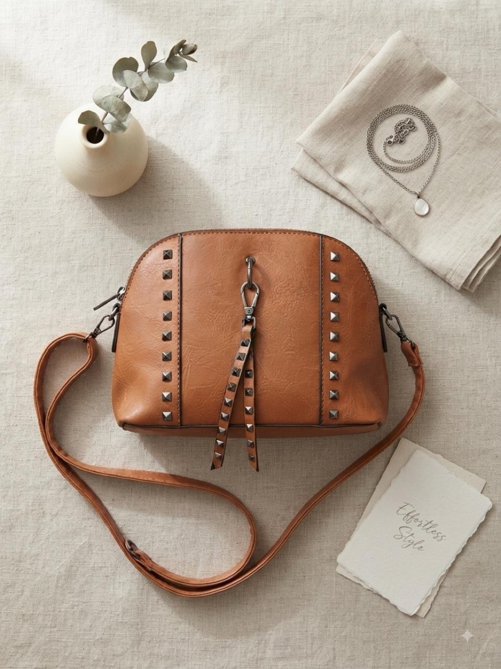 Convertible Tan Studded Crossbody Bag with Tassel Accent